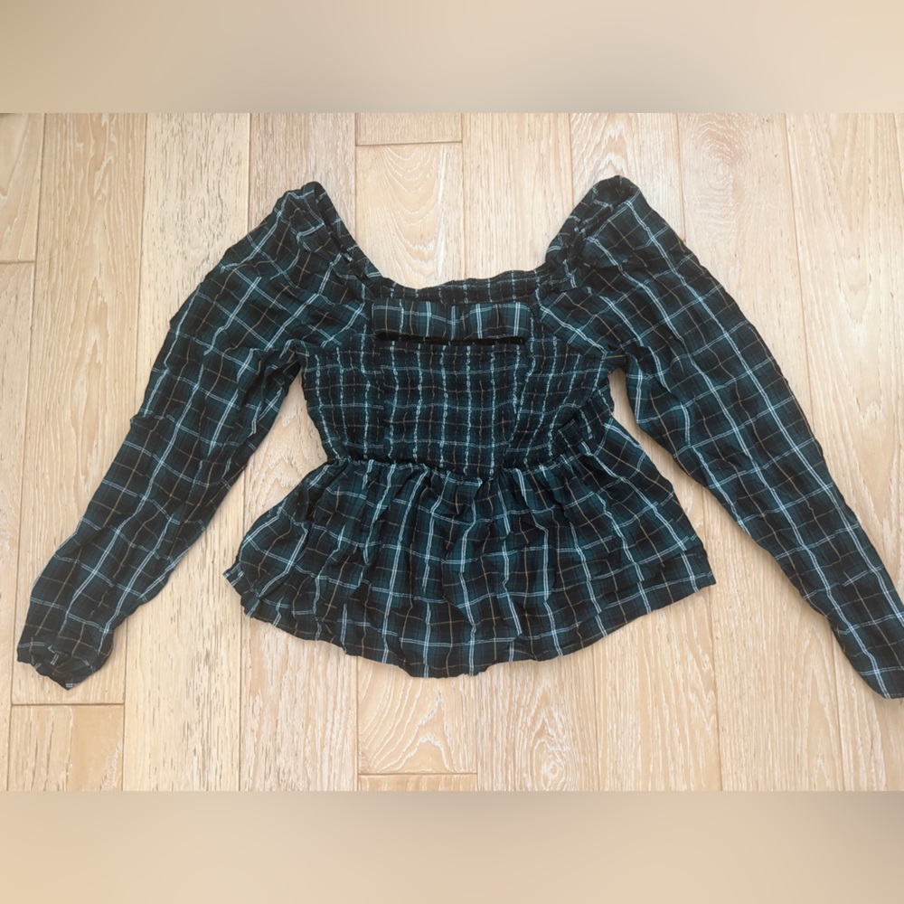 OLD NAVY Women Blouse Plaid Smocked Peplum Dark Academia‎ Cottagecore Size L - Picture 8 of 8